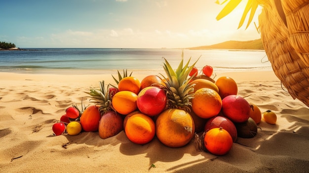 Una spiaggia con dei frutti sopra