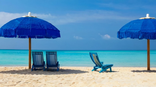 una spiaggia con due sedie da spiaggia blu e un ombrello blu