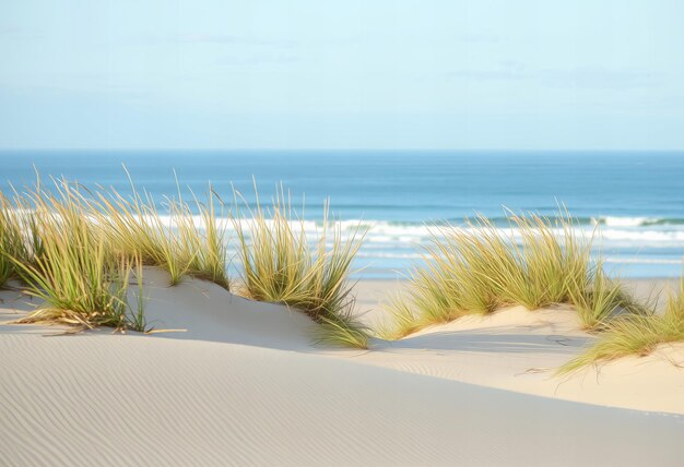 Una spiaggia con dune di sabbia e una spiaggia con una spiaggia sullo sfondo