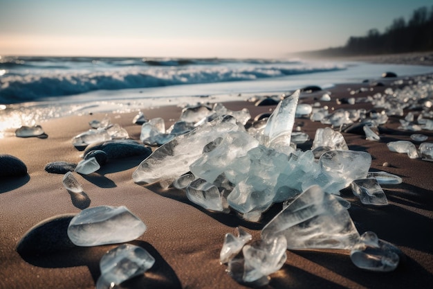 Una spiaggia con il ghiaccio rotto e il sole che tramonta dietro di essa