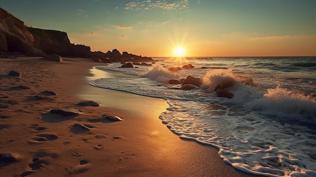 Una spiaggia con il sole che tramonta all'orizzonte