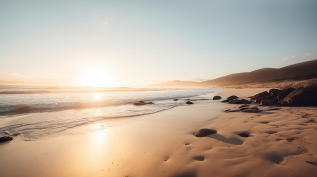 Una spiaggia con impronte nella sabbia al tramonto Immagine generativa AI