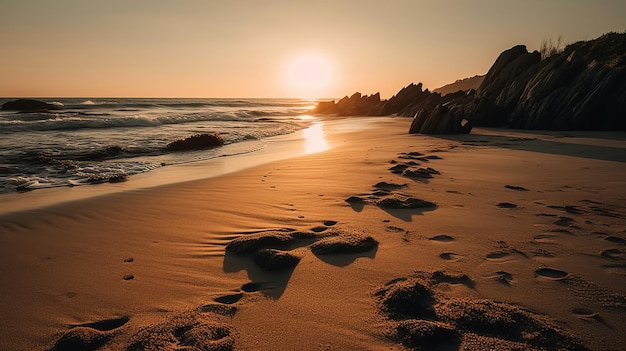 Una spiaggia con impronte nella sabbia al tramonto