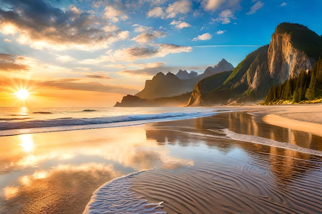 Una spiaggia con le montagne sullo sfondo