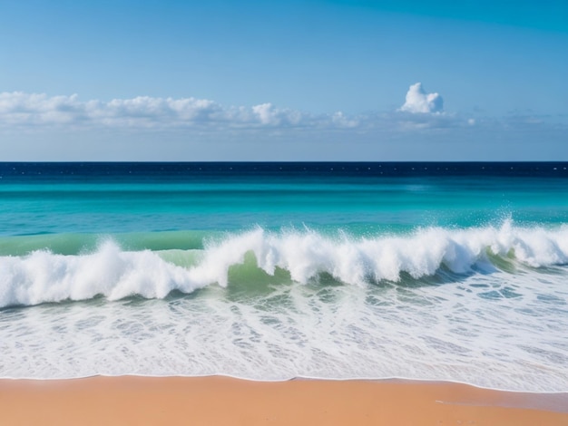 Una spiaggia con le onde che si infrangono su di essa e il cielo è blu e l'oceano è visibile.