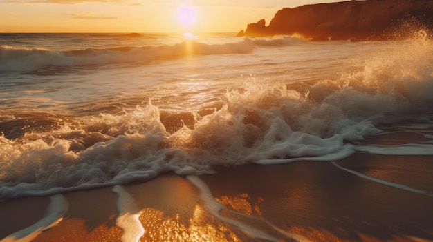 Una spiaggia con le onde e il sole che tramonta