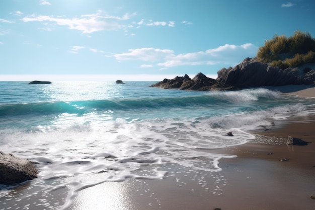 Una spiaggia con le onde il cielo azzurro e le nuvole