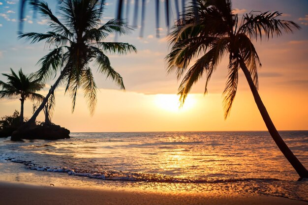 Una spiaggia con le palme al tramonto