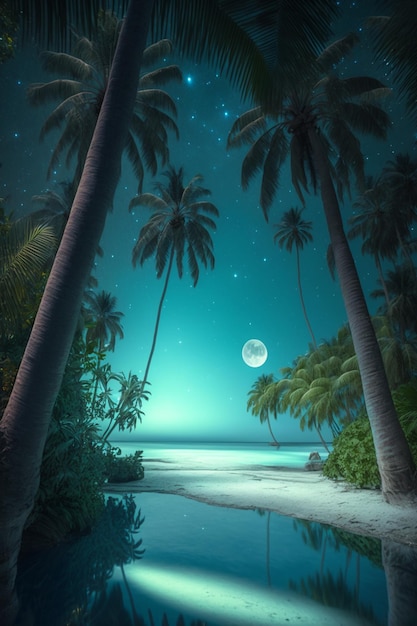 Una spiaggia con le palme e la luna