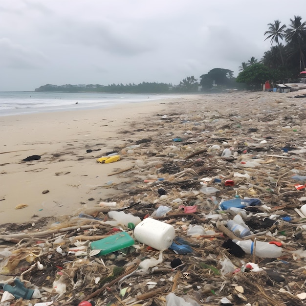 Una spiaggia con molta spazzatura e una spiaggia con molte bottiglie di plastica sopra.