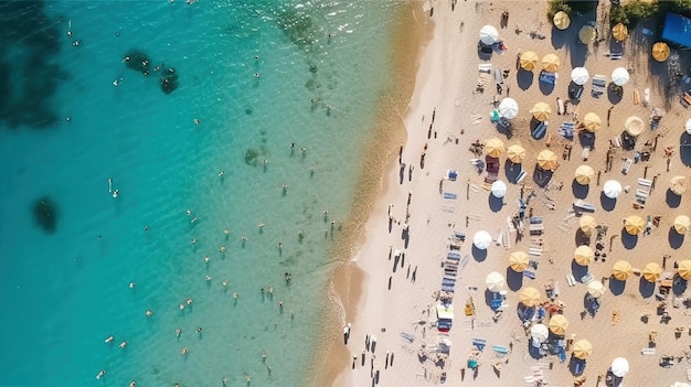 Una spiaggia con ombrelloni e persone su di essa Generative AI Art