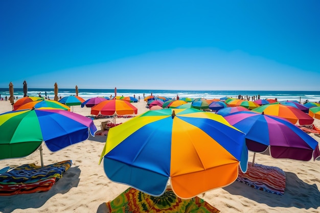 Una spiaggia con ombrelloni e sdraio colorati