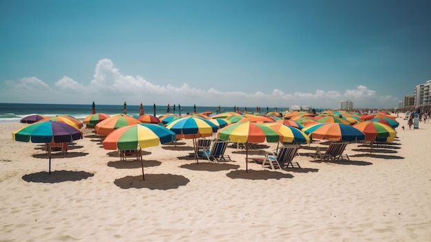 Una spiaggia con ombrelloni e sdraio colorati