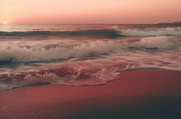 Una spiaggia con onde e cielo rosa al tramonto