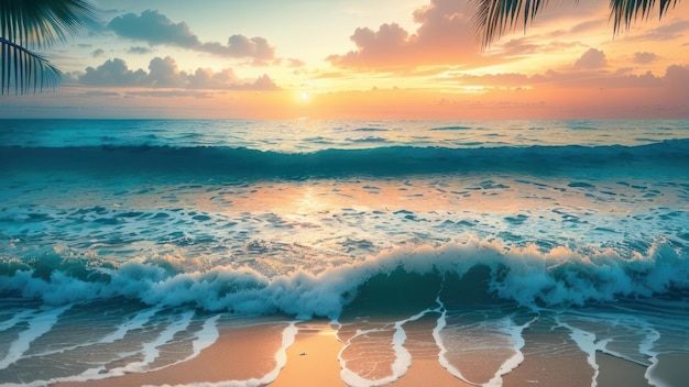 Una spiaggia con onde e palme sullo sfondo