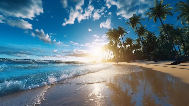 Una spiaggia con palme e il sole che splende su di essa