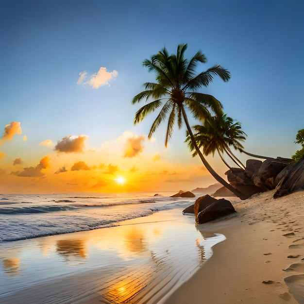 Una spiaggia con palme e il sole che tramonta