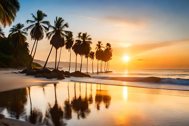 Una spiaggia con palme e il sole che tramonta