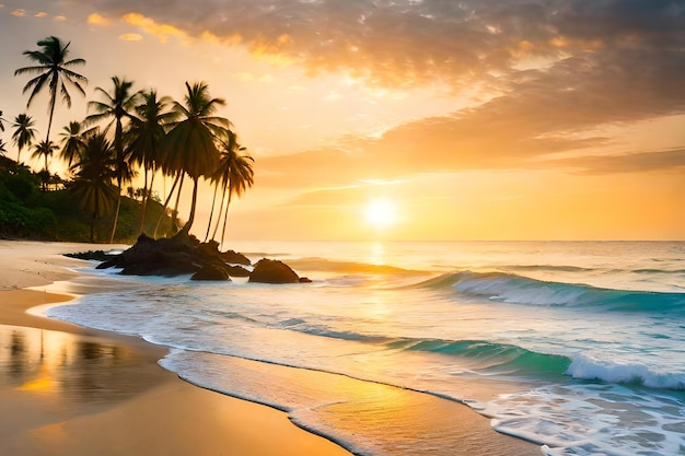 Una spiaggia con palme e il sole che tramonta