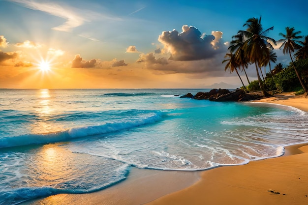 Una spiaggia con palme e il sole che tramonta