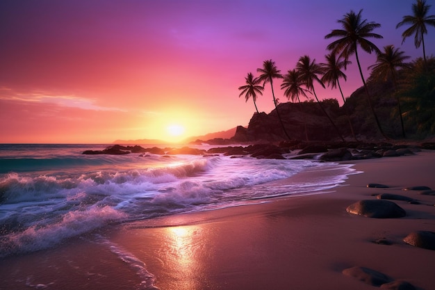 Una spiaggia con palme e il sole che tramonta