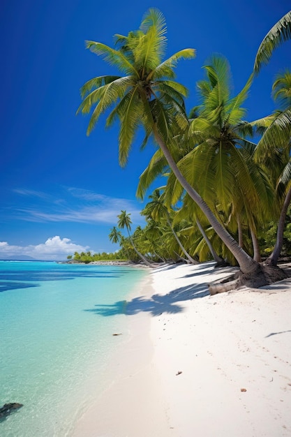 Una spiaggia con palme e l'oceano sullo sfondo.