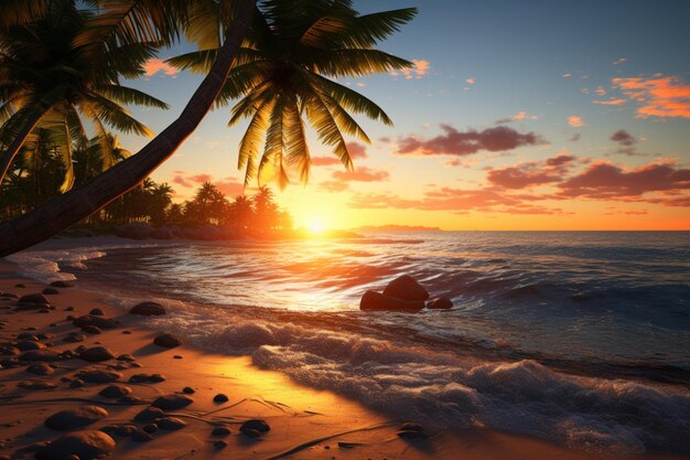 Una spiaggia con palme e la scena del tramonto