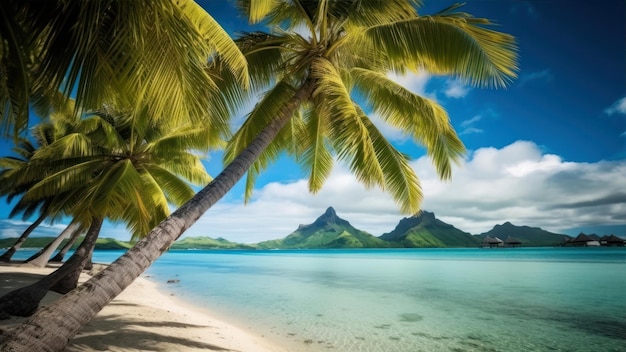 Una spiaggia con palme e montagne sullo sfondo