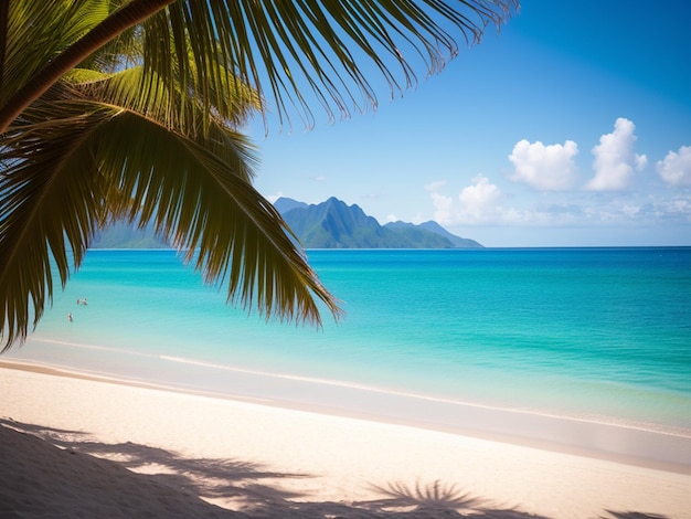 Una spiaggia con palme e montagne sullo sfondo