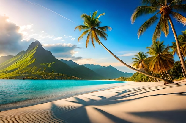 Una spiaggia con palme e montagne sullo sfondo