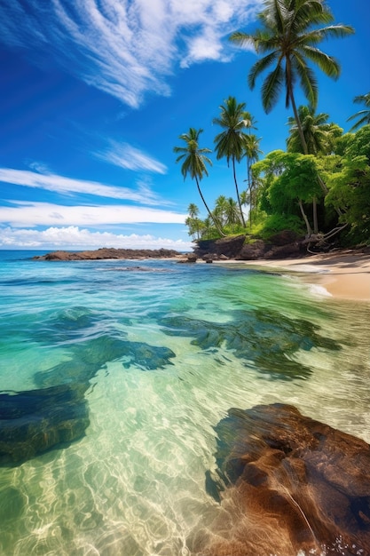 Una spiaggia con palme e scogli