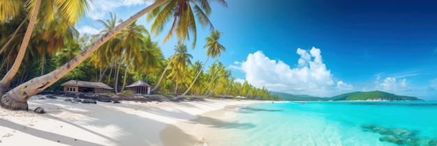 Una spiaggia con palme e un cartello che dice "beach paradise"