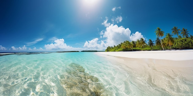 Una spiaggia con palme e un cielo azzurro e limpido