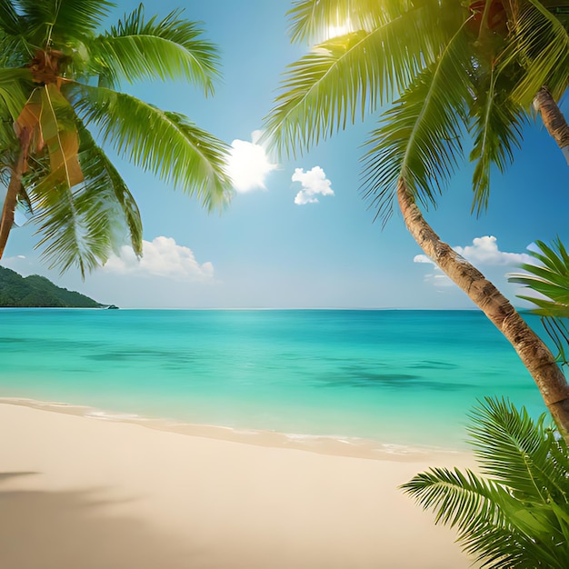 una spiaggia con palme e un cielo blu con il sole che splende attraverso le nuvole