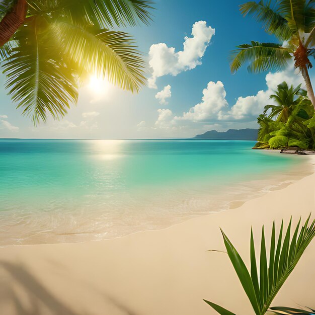 una spiaggia con palme e un cielo blu