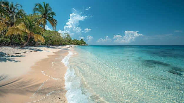 una spiaggia con palme e un cielo blu