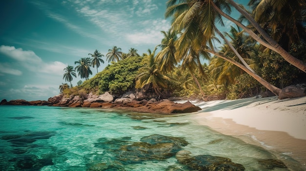 Una spiaggia con palme e un oceano blu