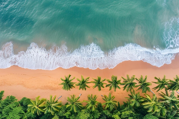 una spiaggia con palme e un'onda nell'oceano
