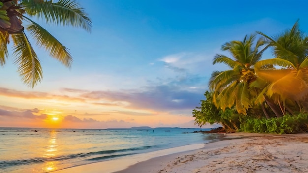 una spiaggia con palme e un tramonto sullo sfondo