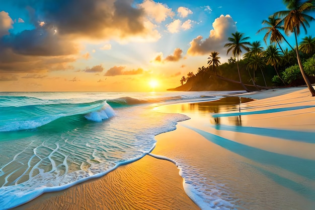 Una spiaggia con palme e un tramonto