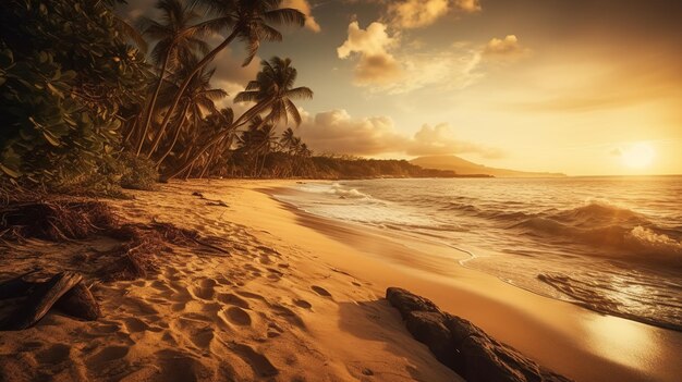 Una spiaggia con palme e un tramonto