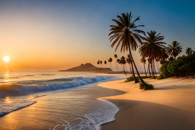 Una spiaggia con palme e un tramonto