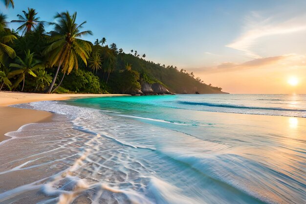 Una spiaggia con palme e un tramonto