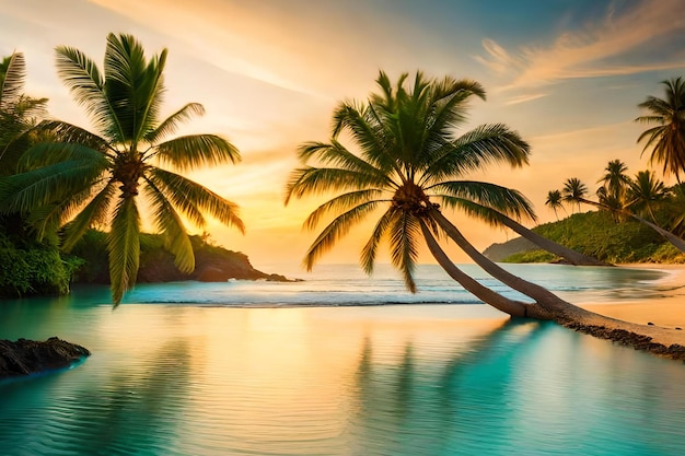 Una spiaggia con palme e un tramonto