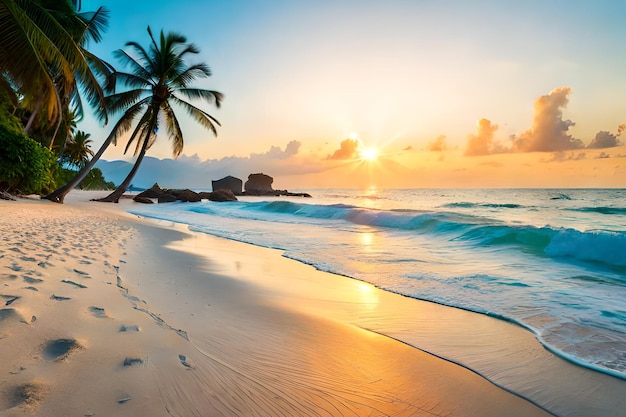 Una spiaggia con palme e un tramonto