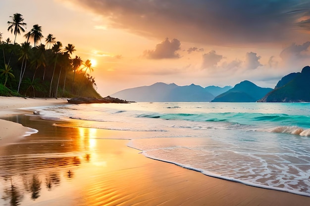 Una spiaggia con palme e un tramonto