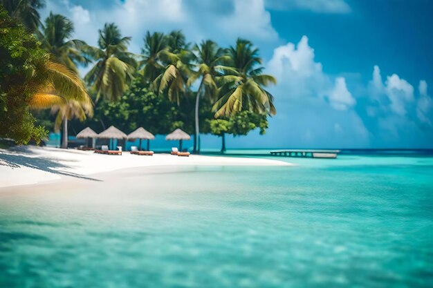 Una spiaggia con palme e una barca in acqua