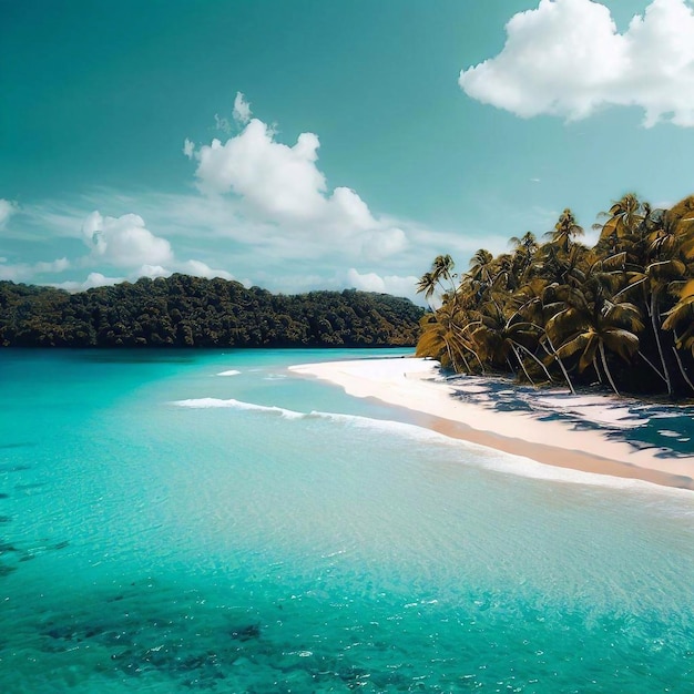 Una spiaggia con palme e una spiaggia con una spiaggia sullo sfondo.