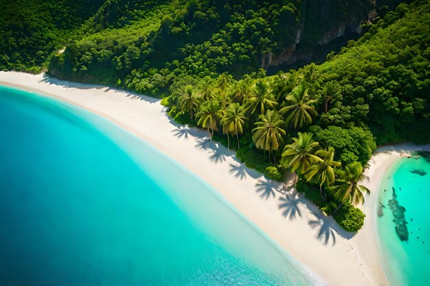 una spiaggia con palme e una spiaggia sullo sfondo