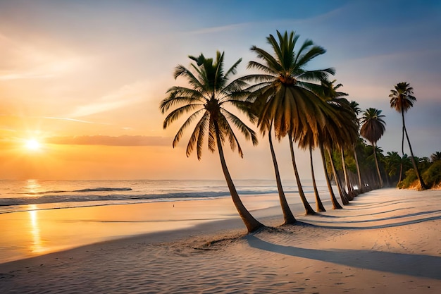 Una spiaggia con palme sulla sabbia al tramonto